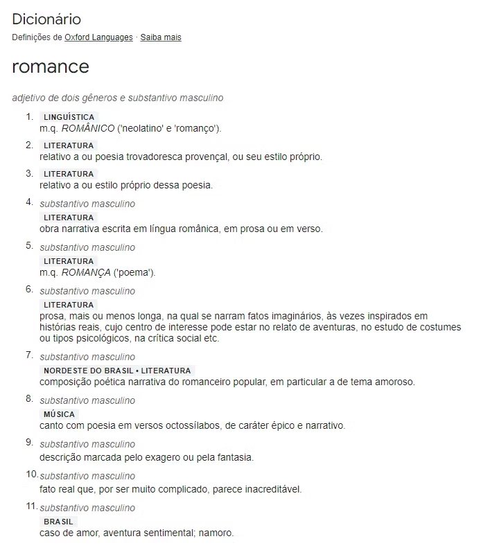 Captura de tela dos diferentes significados da palavra romance