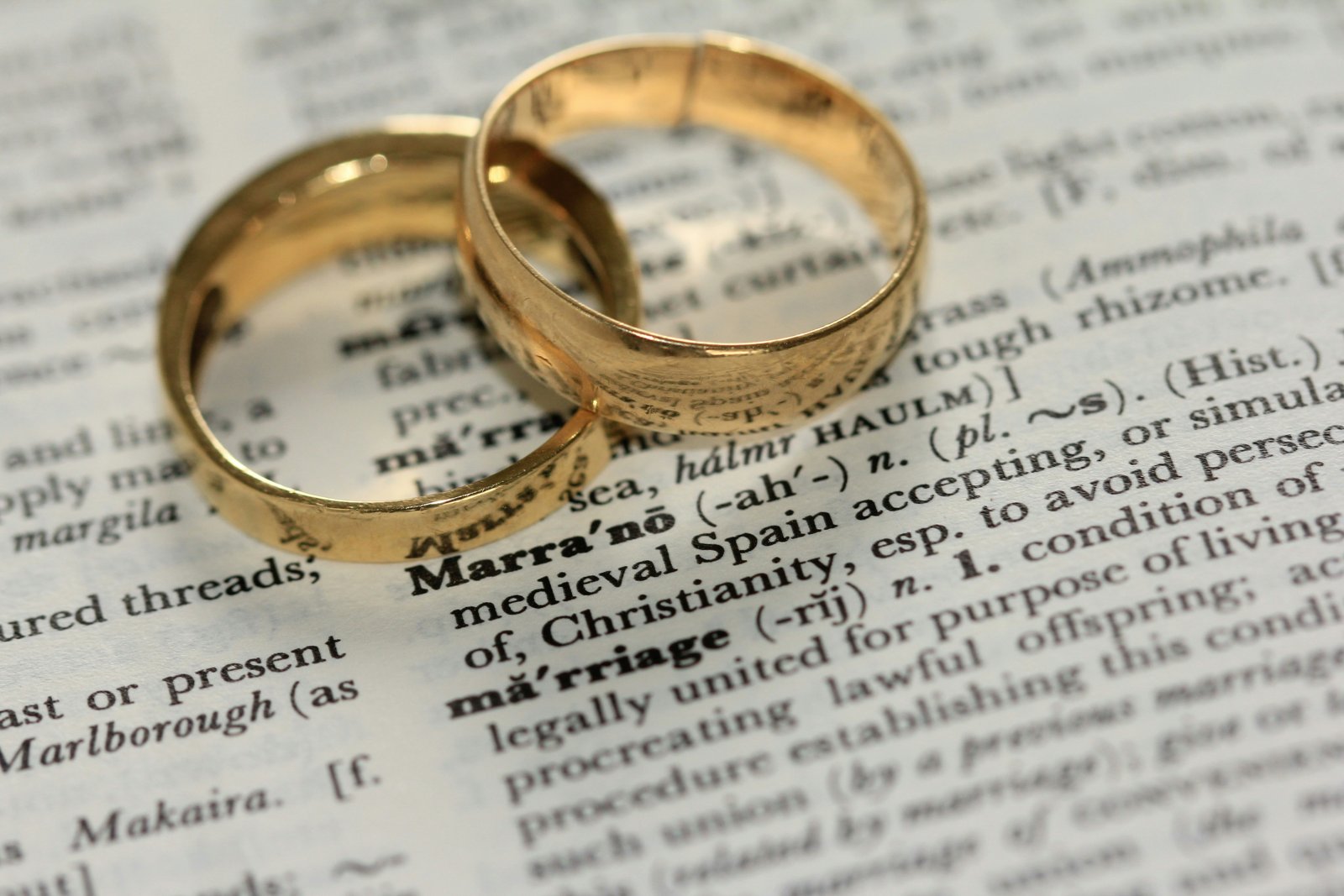 Duas alianças de casamento sobre um dicionário